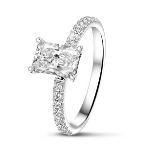 Engagement - 2.00 carat solitaire ring with a radiant cut diamond in white gold with side diamonds