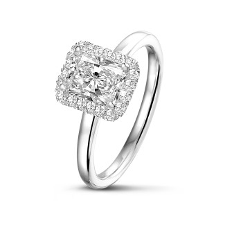 1.50 carat solitaire halo ring with a radiant cut diamond in white gold with round diamonds