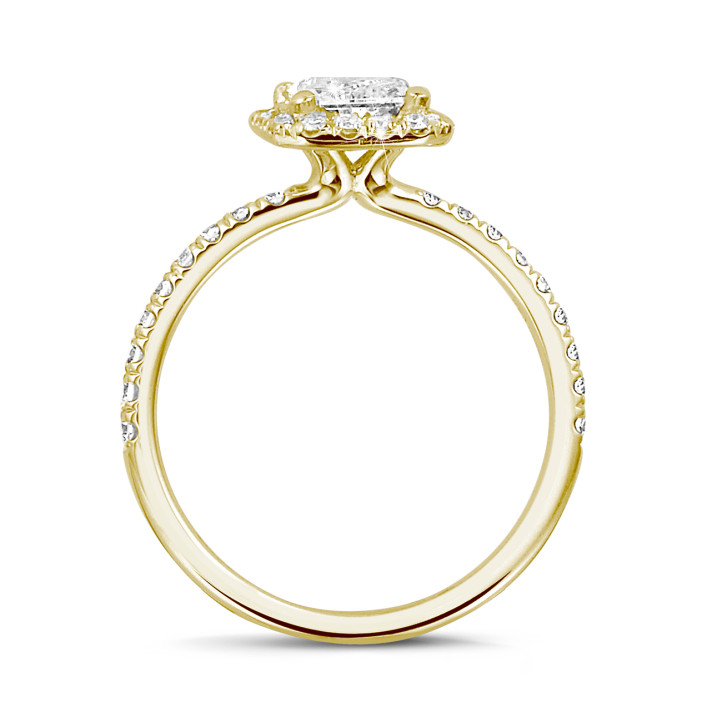 1.00 carat solitaire halo ring with a radiant cut diamond in yellow gold with round diamonds