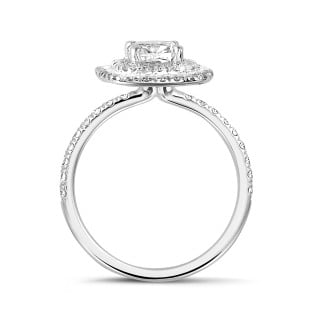 Rings - 1.00 carat solitaire double halo ring with a cushion diamond in white gold