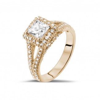 Halo ring - 1.00 carat solitaire ring in red gold with princess diamond and side diamonds