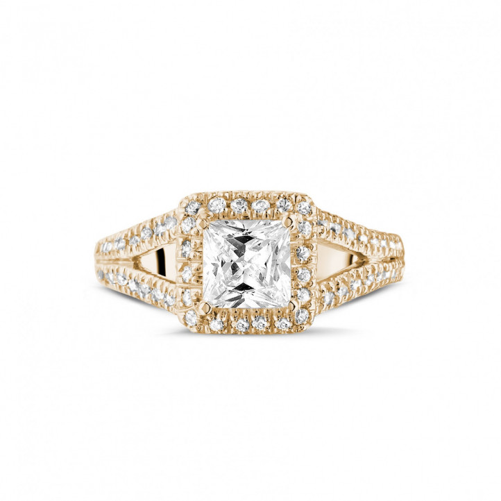 1.00 carat solitaire ring in red gold with princess diamond and side diamonds