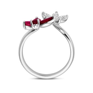 Rings - Flower and Butterfly combination ring with Diamonds and Rubies in white gold