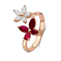 Flower and Butterfly combination ring with Diamonds and Rubies in red gold