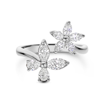 Rings - Flower and Butterfly combination ring with Diamonds in white gold