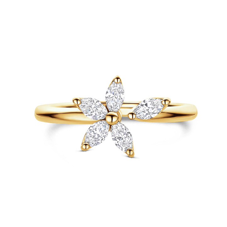Toi & Moi Flower Ring with Marquise cut Diamond Petals in yellow gold