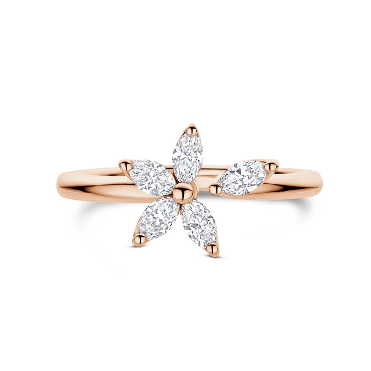 Toi & Moi Flower Ring with Marquise cut Diamond Petals in red gold