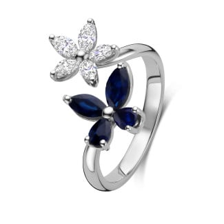 Rings - Flower and Butterfly combination ring with Diamonds and Blue Sapphires in white gold