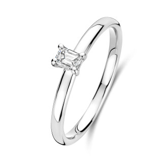 0.15 carat solitaire ring with a emerald cut diamond in white gold