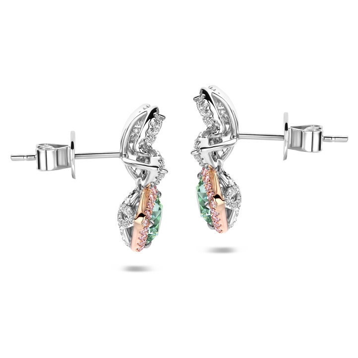 One of a kind - 3.37 carat green diamond earrings in white and red gold