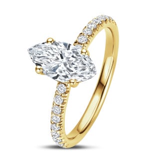 Rings - 1.00 Ct. solitaire ring in yellow gold with Marquise diamond and hidden halo