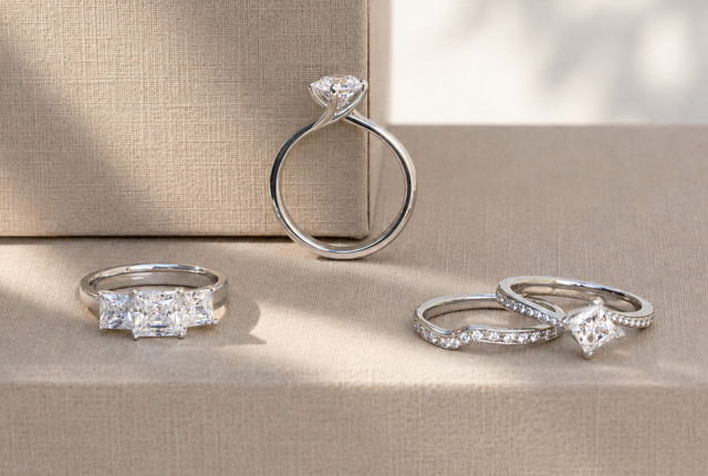 Platinum contour engagement ring with a princess-cut diamond and pavé diamonds on the band