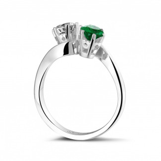 Engagement - Toi et Moi ring in white gold with round diamond and emerald