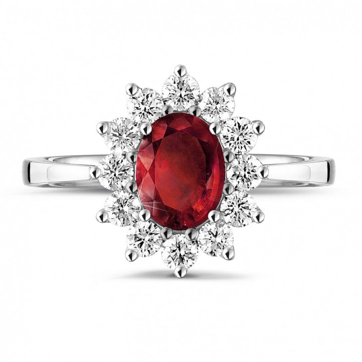 Entourage ring in platinum with an oval ruby and round diamonds