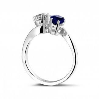 Engagement - Toi et Moi ring in white gold with round diamond and sapphire