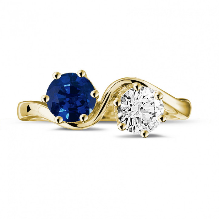 Toi et Moi ring in yellow gold with round diamond and sapphire