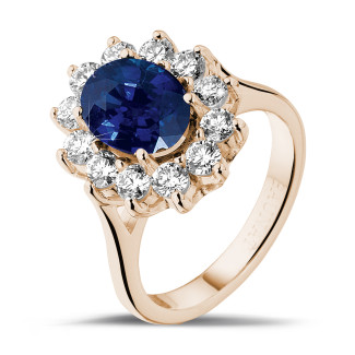 Rings - Entourage ring in red gold with an oval sapphire and round diamonds