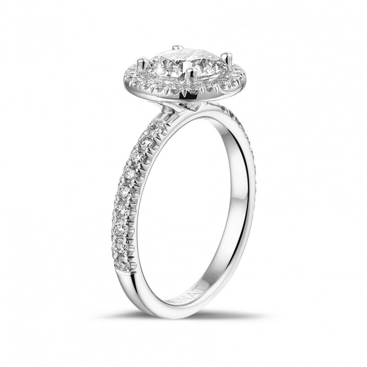1.50 carat solitaire halo ring in platinum with round diamonds