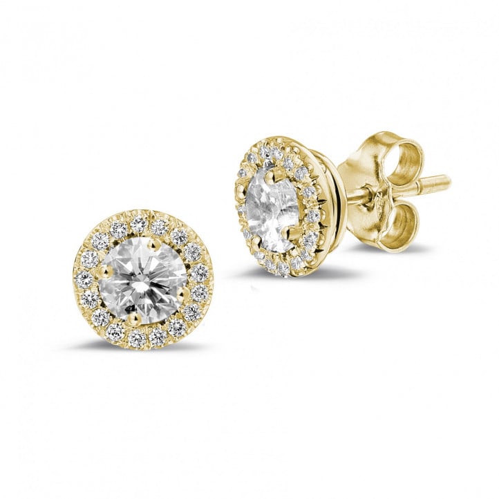 1.00 carat diamond halo earrings in yellow gold