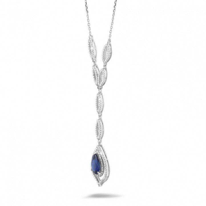 Diamond platinum necklace with a pear shaped sapphire