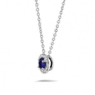 Necklaces - Halo necklace in white gold with a central sapphire and round diamonds