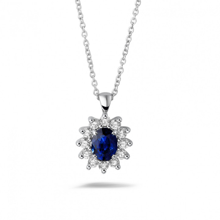 Entourage pendant in white gold with oval sapphire and round diamonds
