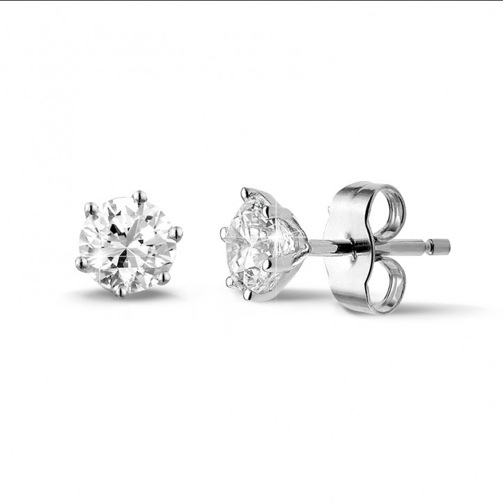 1.00 carat classic diamond earrings in white gold with six prongs