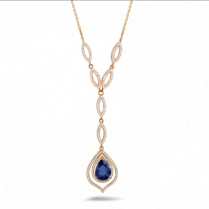Diamond red golden necklace with a pear shaped sapphire