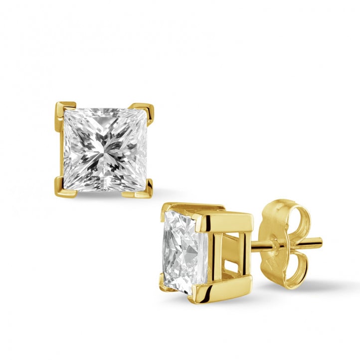 2.50 carat diamond princess earrings in yellow gold