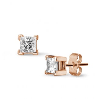 Earrings - 1.00 carat diamond princess earrings in red gold