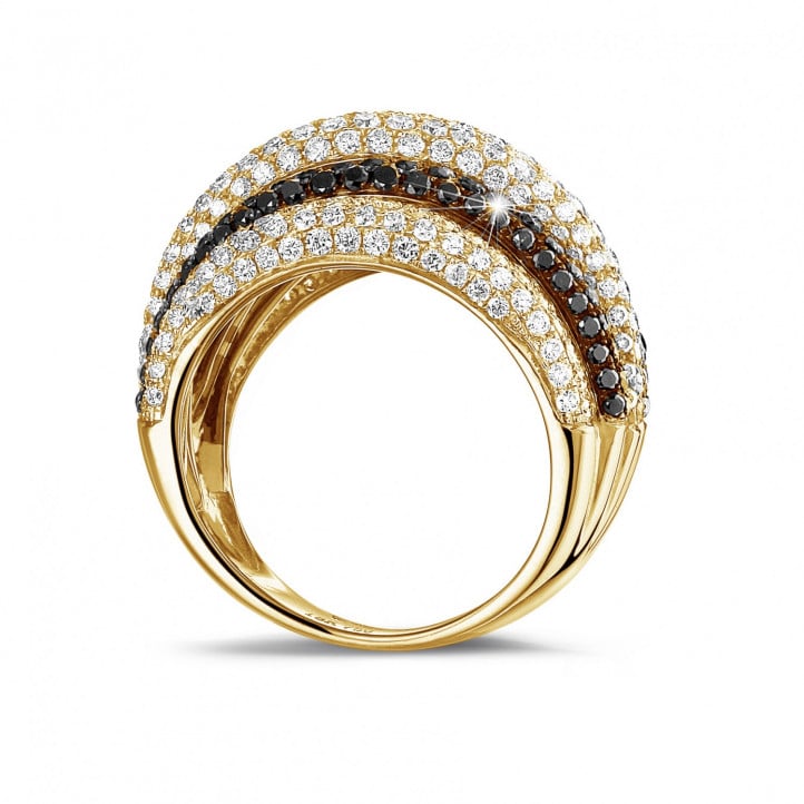 4.30 carat ring in yellow gold with black and white round diamonds