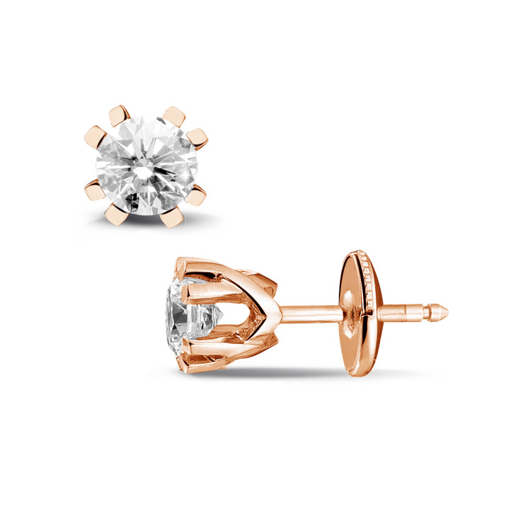 1.00 carat diamond design earrings in red gold with eight prongs
