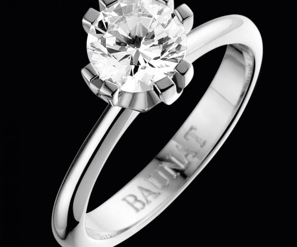 White gold solitaire ring with a round brilliant-cut diamond in a six-prong setting