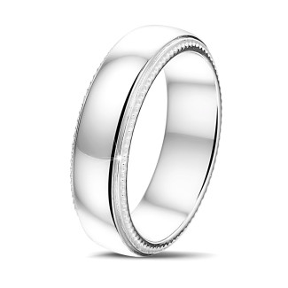 Men's jewellery - Wedding ring with a slightly domed surface of 6.00 mm in white gold with milgrain