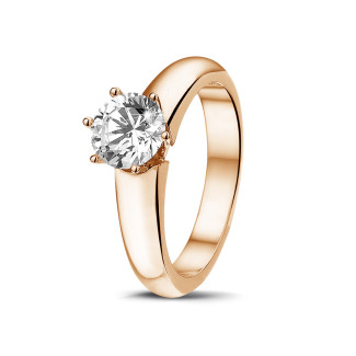 Engagement - 1.00 carat solitaire diamond ring in red gold with six prongs