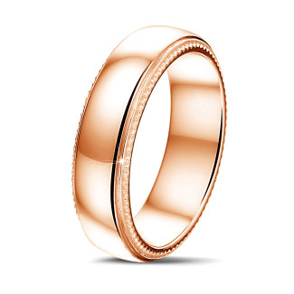 Wedding - Wedding ring with a slightly domed surface of 6.00 mm in red gold with milgrain