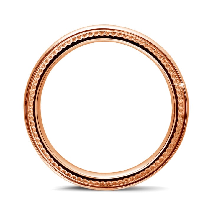 Wedding ring with a slightly domed surface of 6.00 mm in red gold with milgrain