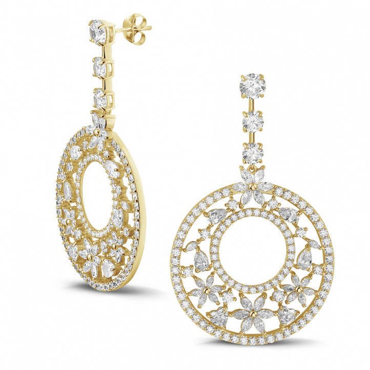 11.40 Ct earrings in yellow gold with round, marquise, pear and heart-shaped diamonds