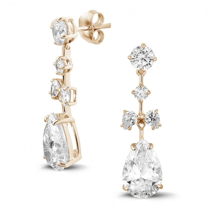 7.80 carat earrings in red gold with round and pear-shaped diamonds