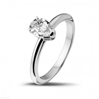 Engagement - 1.00 carat solitaire ring in white gold with pear shaped diamond of exceptional quality (D-IF-EX)