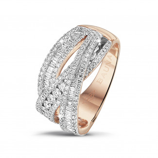 Gold ring - 1.35 carat ring in red gold with round and baguette diamonds
