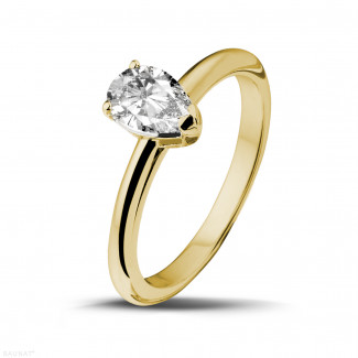 Gold ring - 1.00 carat solitaire ring in yellow gold with pear shaped diamond