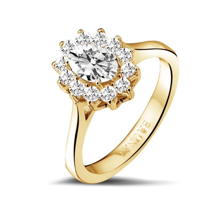 0.90 carat entourage ring in yellow gold with oval diamond