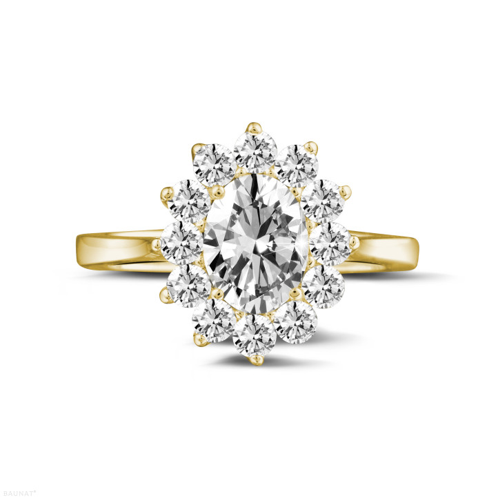 1.85 carat entourage ring in yellow gold with oval diamond