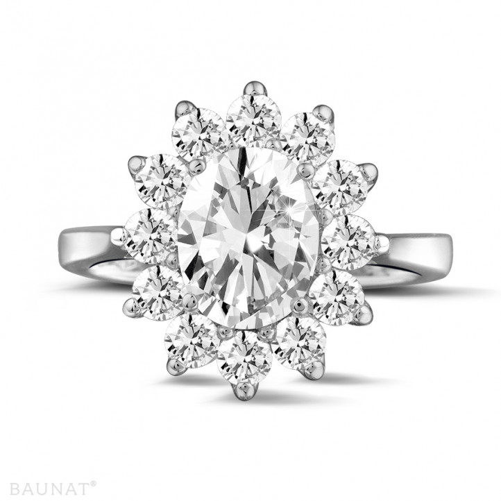 2.85 carat entourage ring in platinum with oval diamond