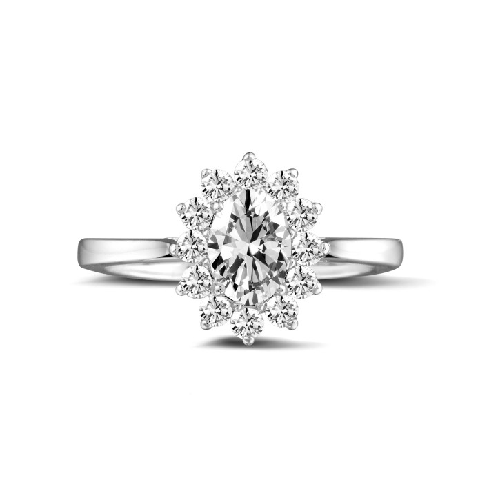 0.90 quilates anillo « entourage » en oro blanco con diamante ovalado
