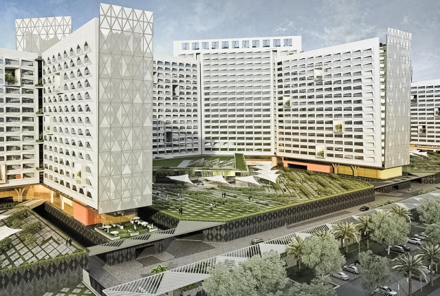 Vista arquitectónica de un complejo moderno en Mumbai con torres blancas y jardines elevados