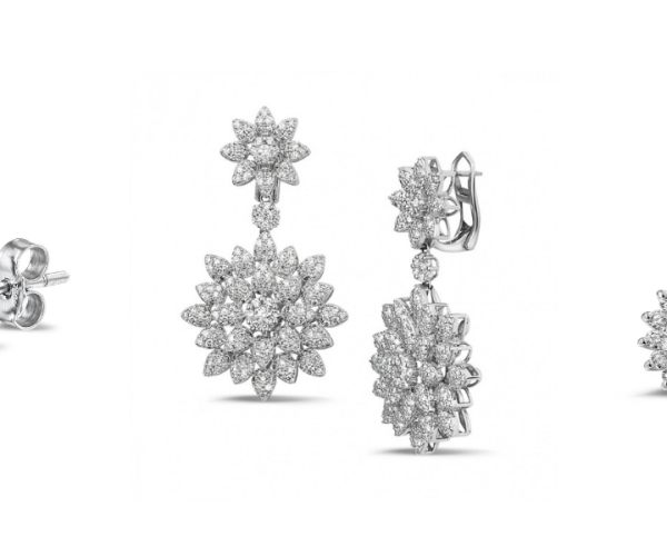Pendientes de oro blanco con diamantes: botón, colgantes florales y halo redondo