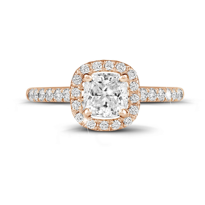 1.20 quilateshalo anillo solitario diamante cojín en oro rojo con diamantes redondos