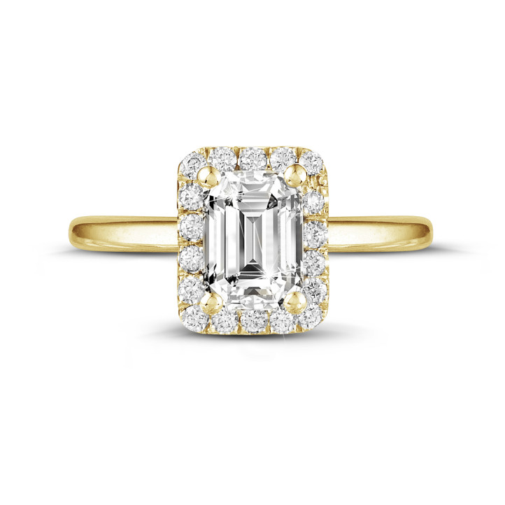 1.20 quilates halo anillo solitario con diamante talla esmeralda en oro amarillo con diamantes redondos